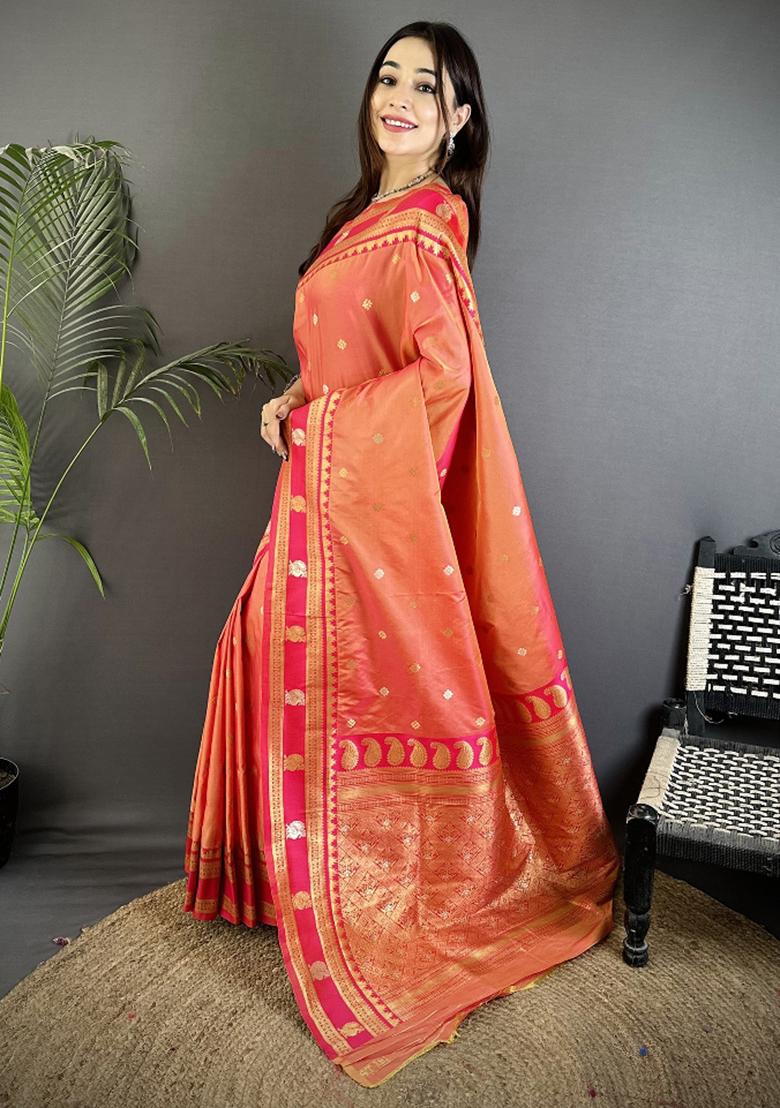 Peach Woven Silk Saree Set - Indya