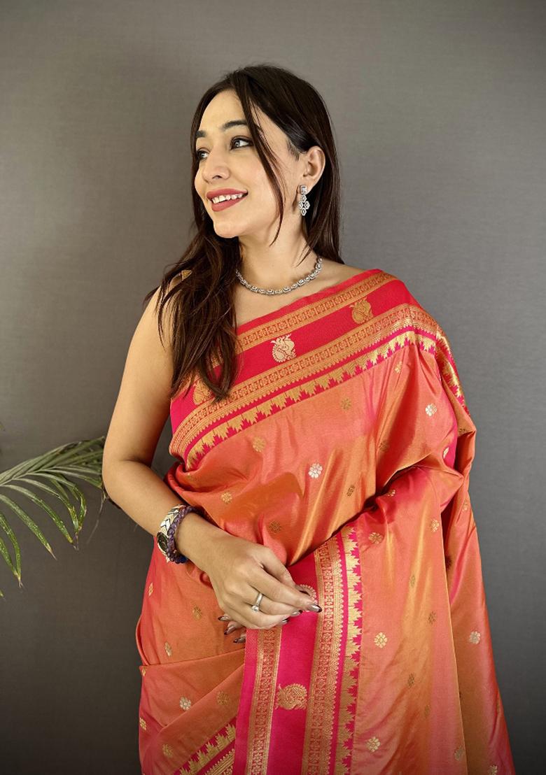 Peach Woven Silk Saree Set - Indya
