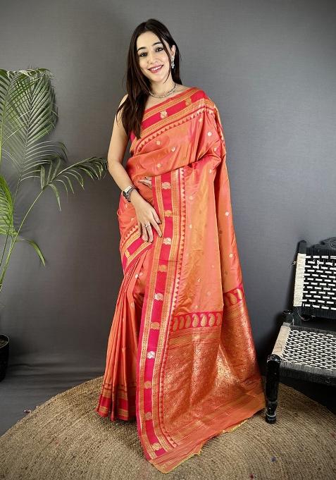 Peach Woven Silk Saree Set