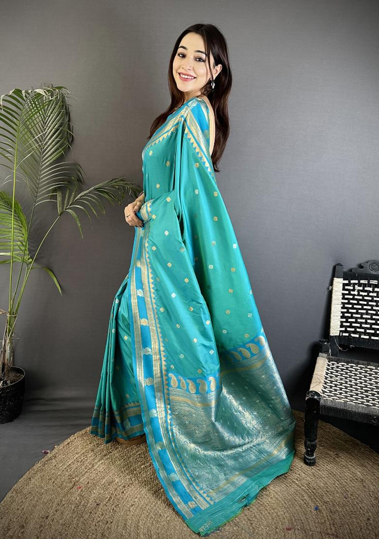 Sea Green Woven Silk Saree Set - Indya