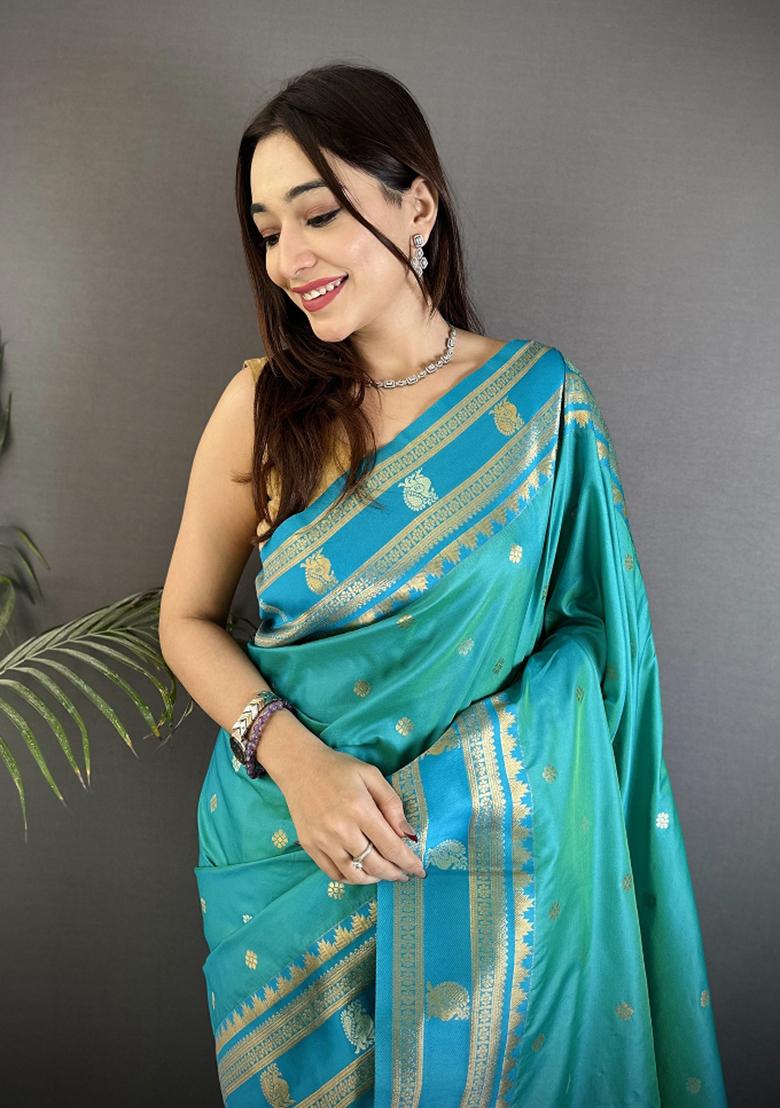 Sea Green Woven Silk Saree Set - Indya