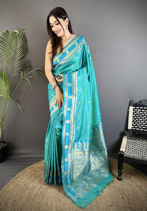 Sea Green Woven Silk Saree Set — view on Indya