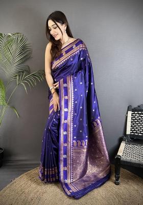 Navy Blue Woven Silk Saree Set