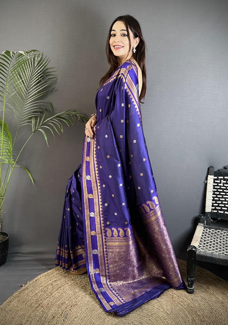 Navy Blue Woven Silk Saree Set - Indya