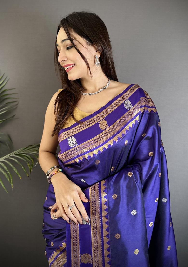Navy Blue Woven Silk Saree Set - Indya
