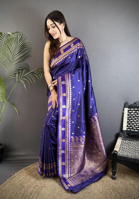Navy Blue Woven Silk Saree Set