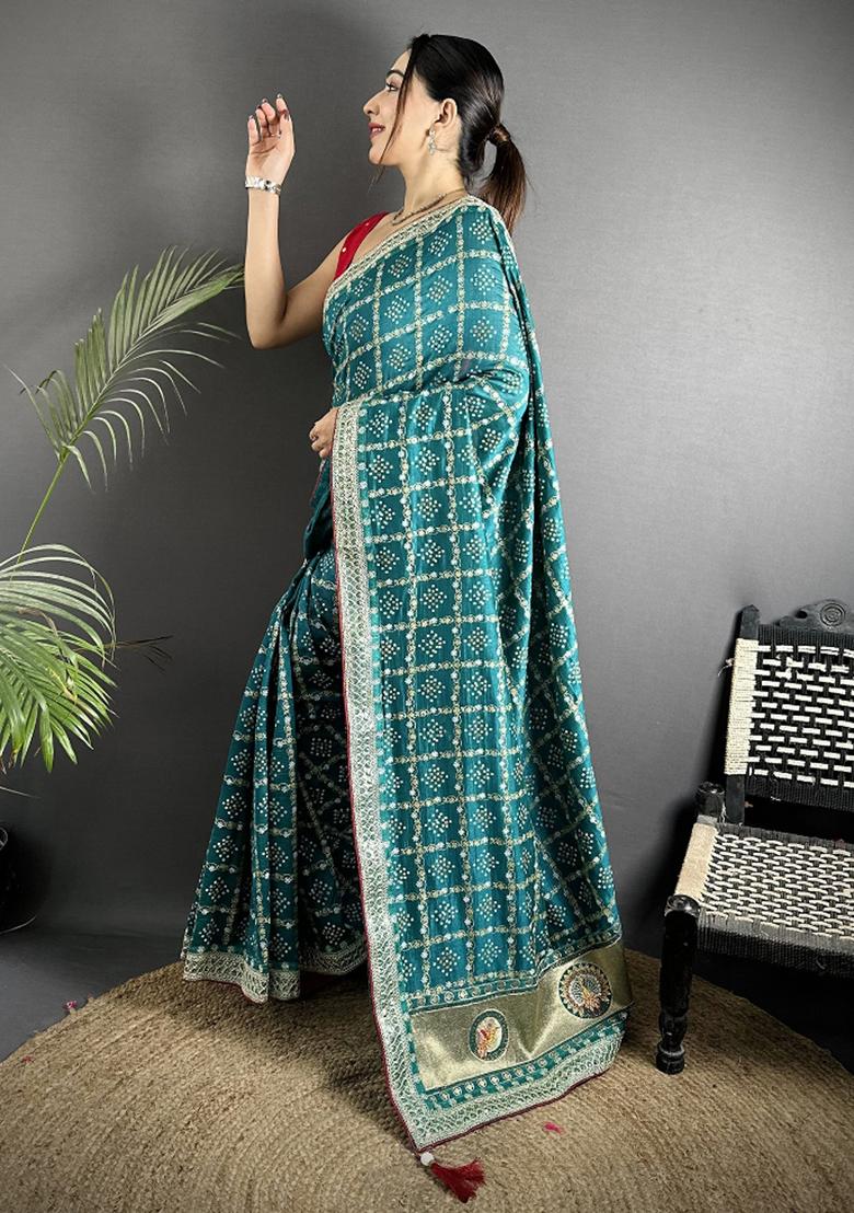 Blue Printed Silk Saree Set - Indya
