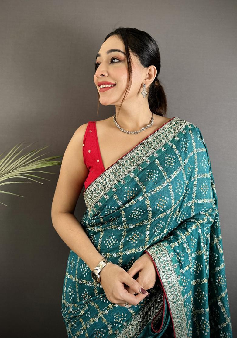 Blue Printed Silk Saree Set - Indya