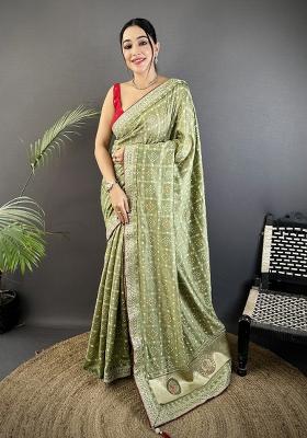 Mehendi Green Printed Silk Saree Set
