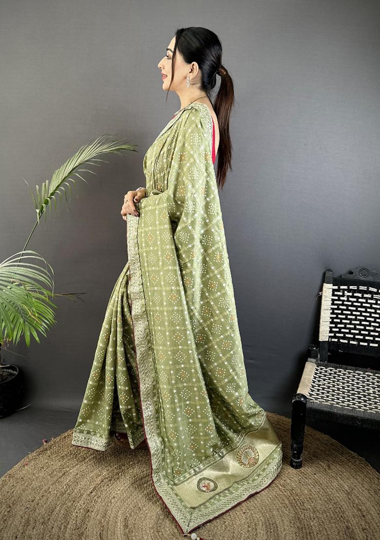 Mehendi Green Printed Silk Saree Set - Indya