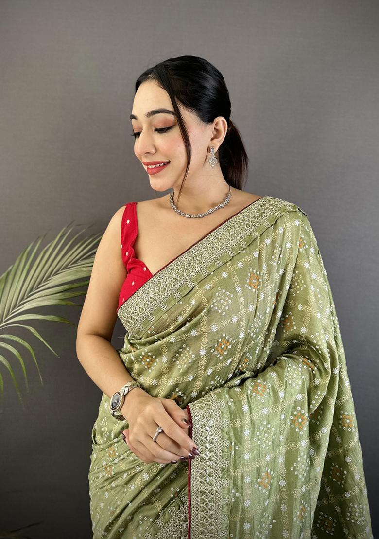 Mehendi Green Printed Silk Saree Set - Indya