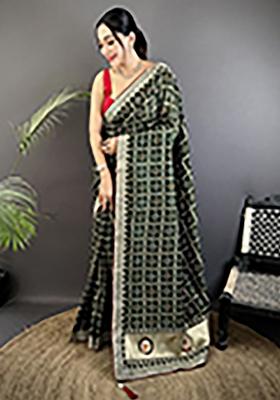 Dark Green Printed Silk Saree Set