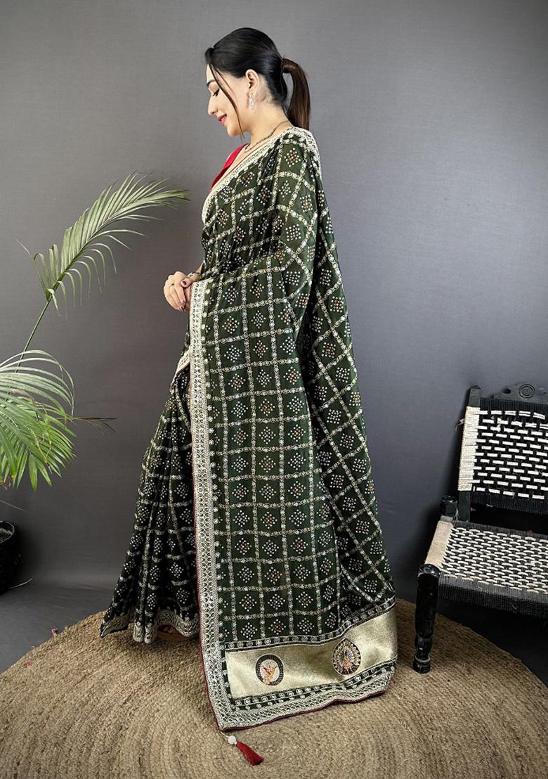 Dark Green Printed Silk Saree Set - Indya