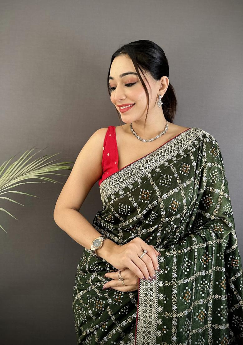 Dark Green Printed Silk Saree Set - Indya