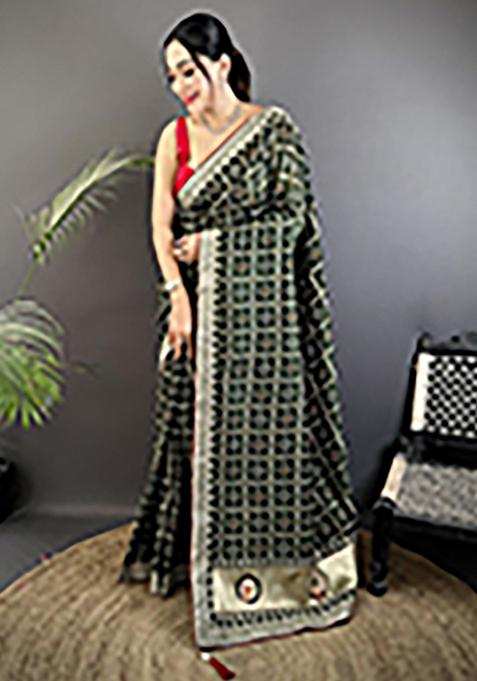 Dark Green Printed Silk Saree Set — view on Indya