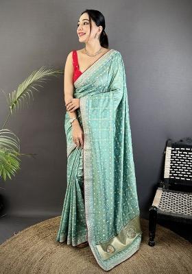 Sea Green Printed Silk Saree Set
