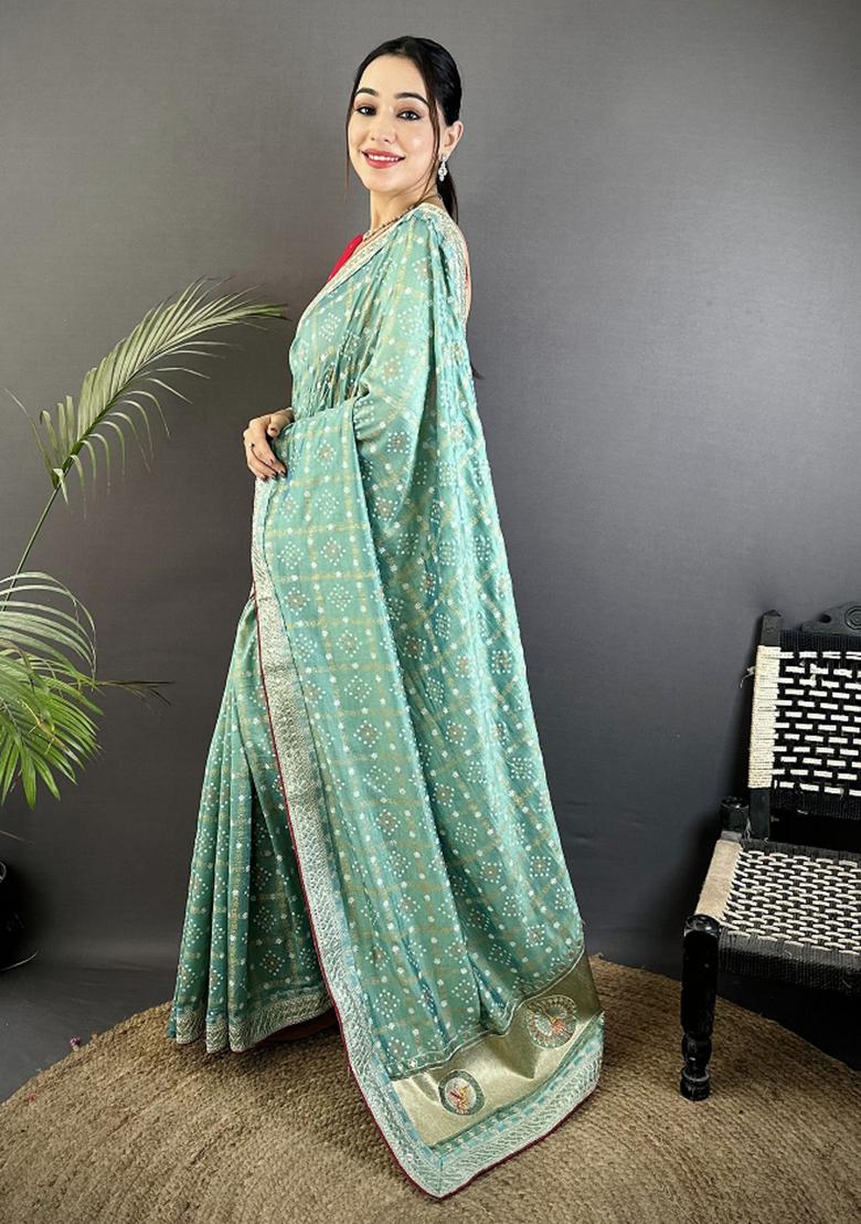 Sea Green Printed Silk Saree Set - Indya