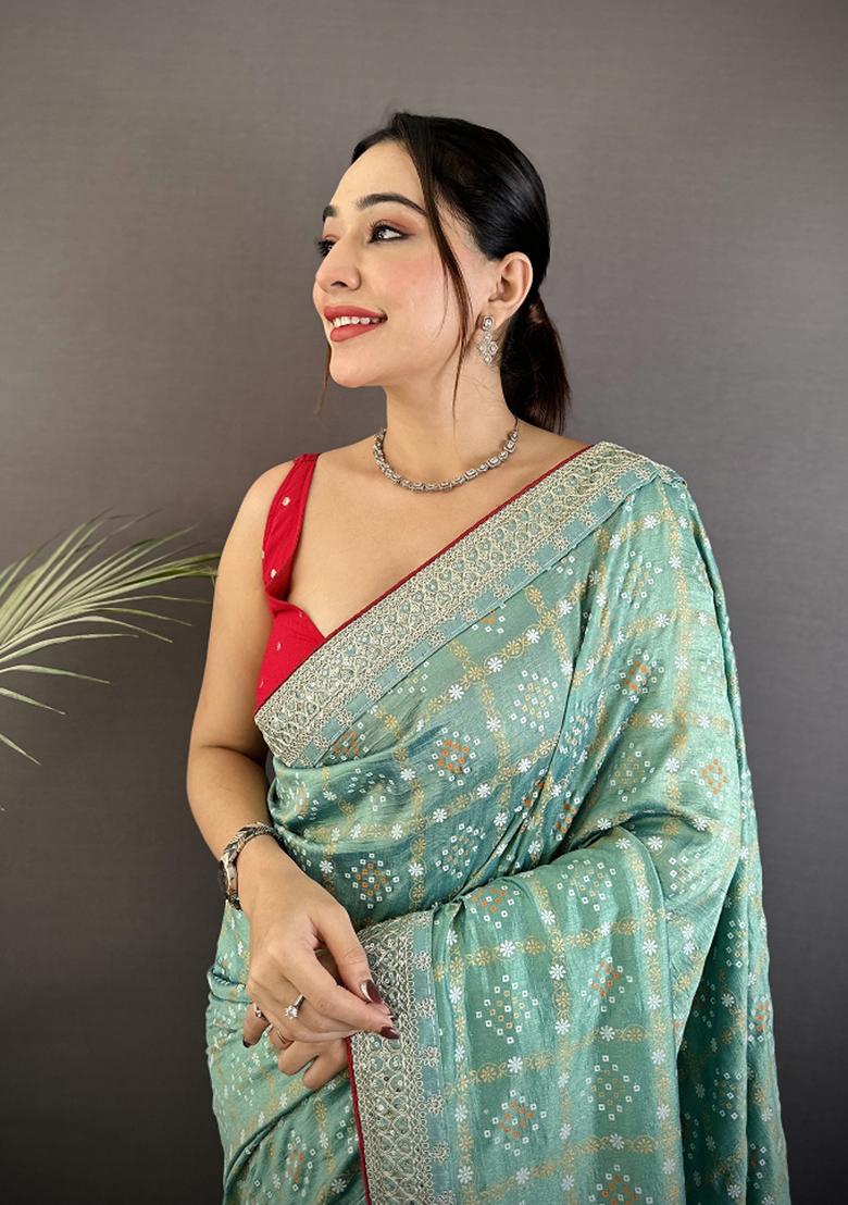 Sea Green Printed Silk Saree Set - Indya