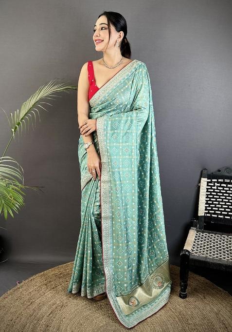 Sea Green Printed Silk Saree Set
