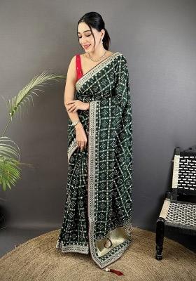 Dark Green Printed Silk Saree Set