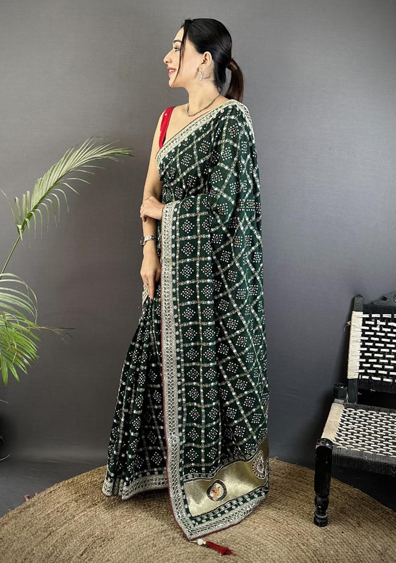 Dark Green Printed Silk Saree Set - Indya