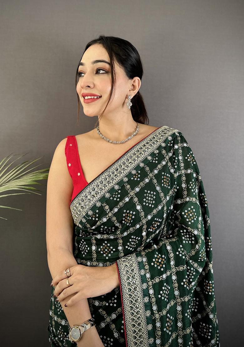 Dark Green Printed Silk Saree Set - Indya