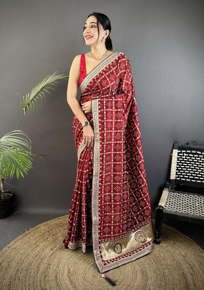 Maroon Printed Silk Blend Saree Set for Diwali and Festive Wear - Indya