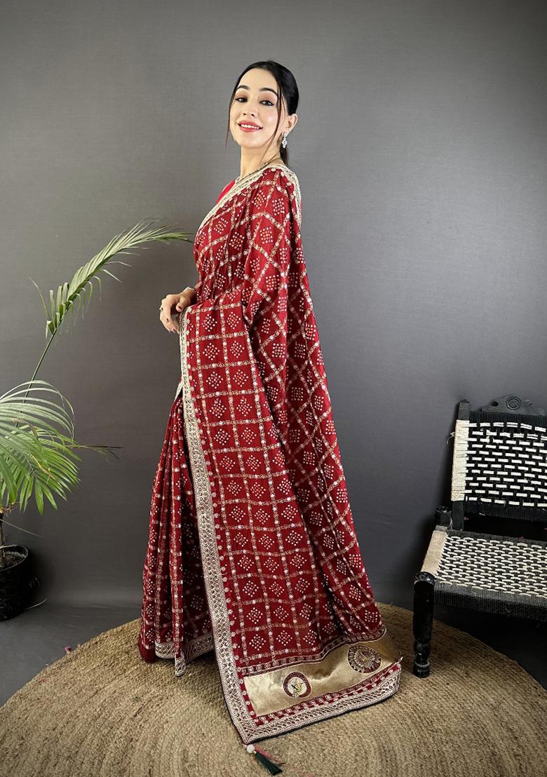 Maroon Printed Silk Saree Set - Indya