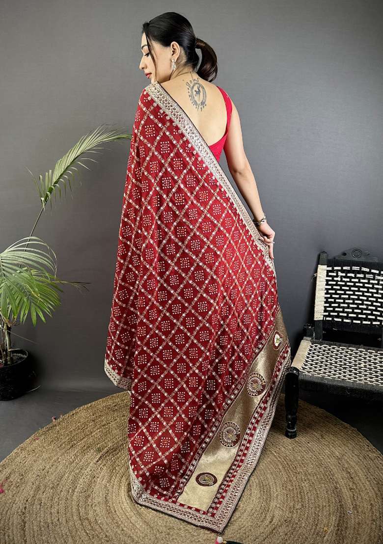 Maroon Printed Silk Blend Saree Set for Diwali and Festive Wear - Indya