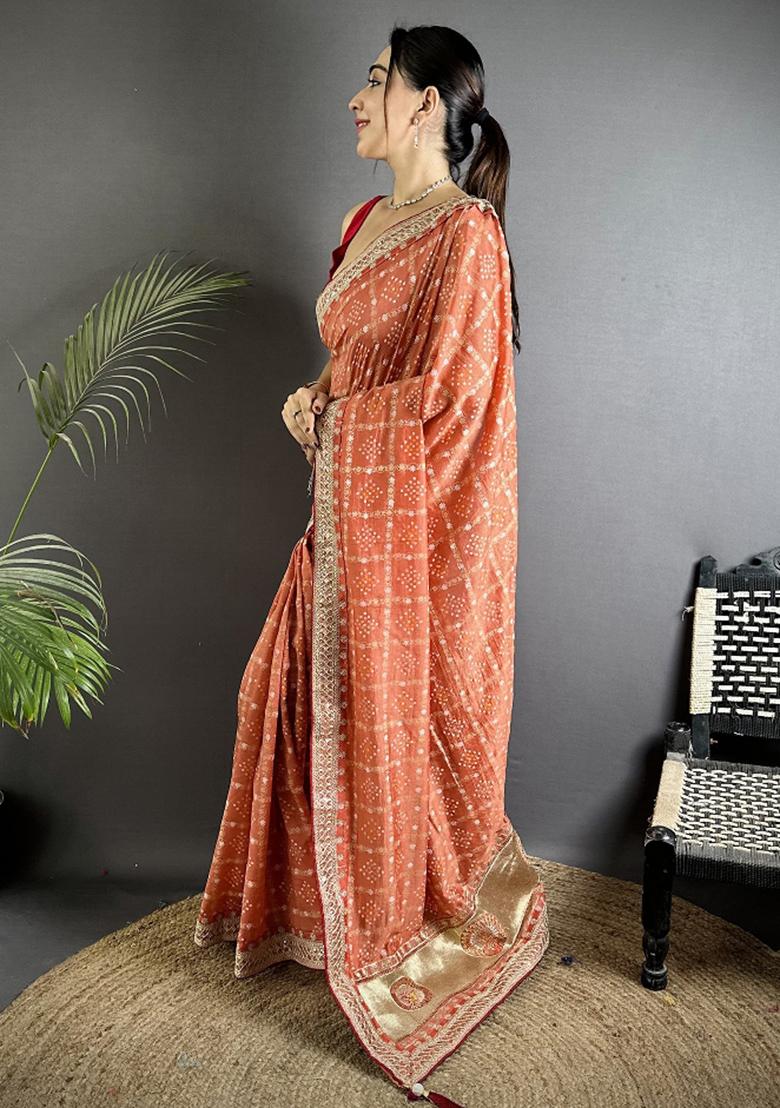 Peach Printed Silk Saree Set - Indya