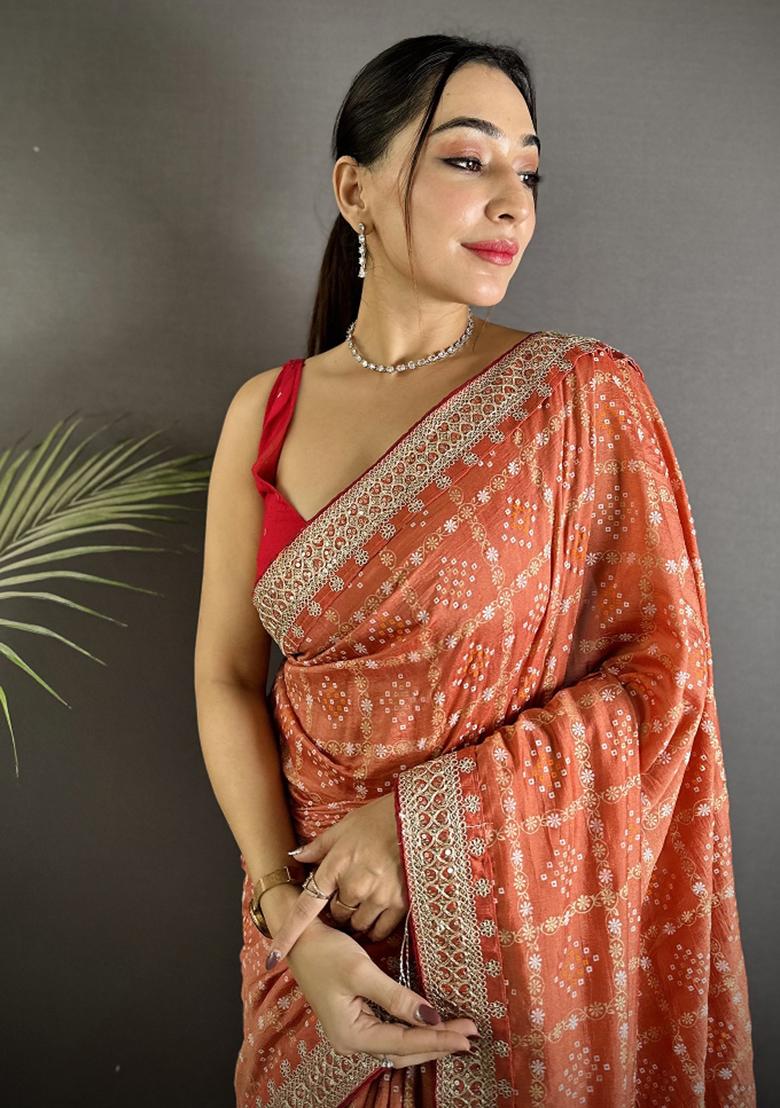 Peach Printed Silk Saree Set - Indya