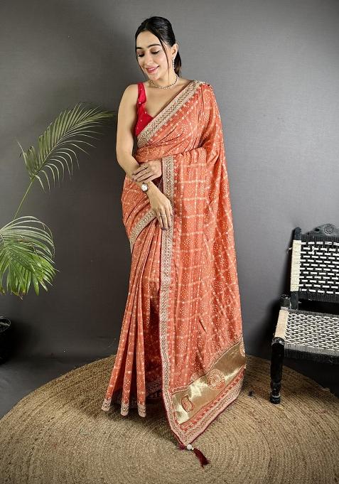 Peach Printed Silk Saree Set