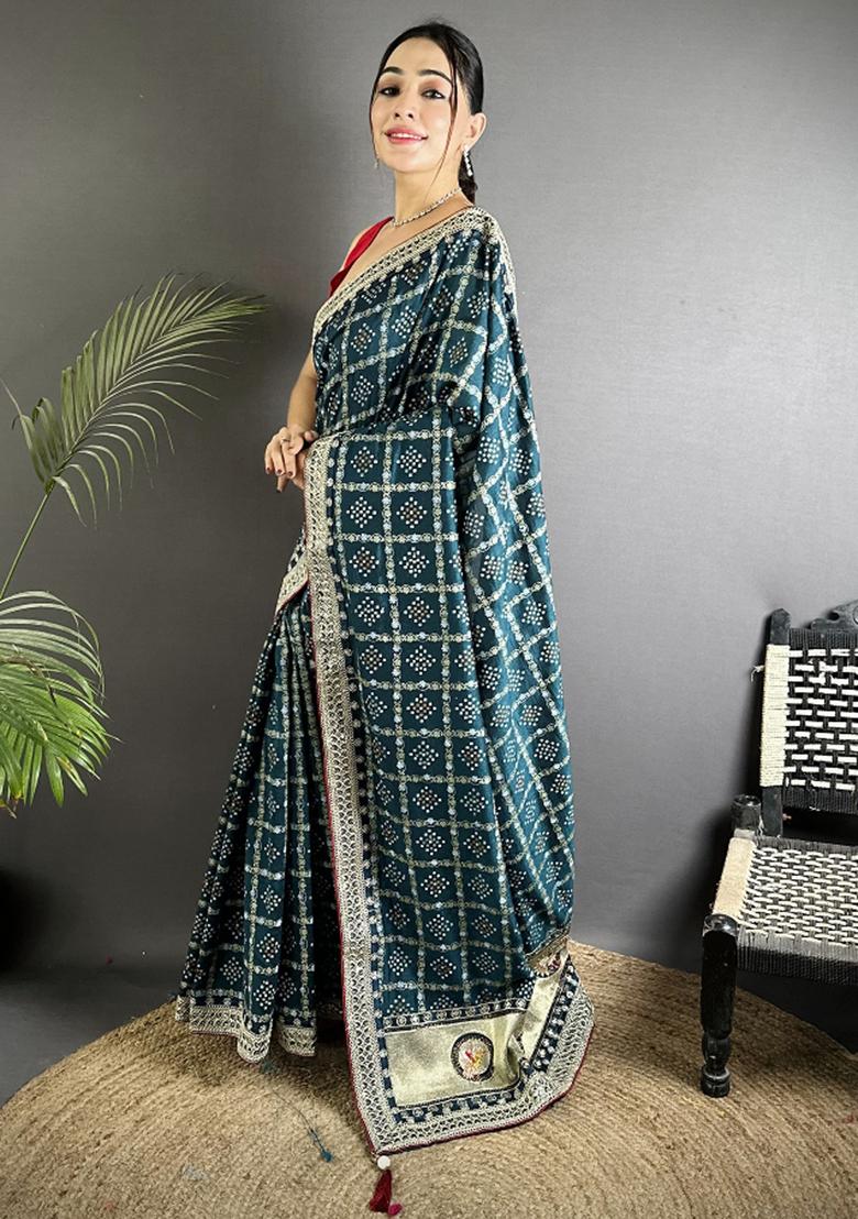 Navy Blue Printed Silk Saree Set - Indya