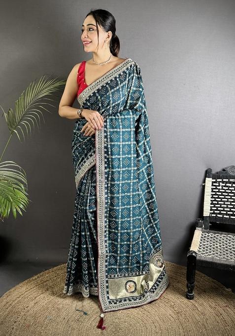 Navy Blue Printed Silk Saree Set