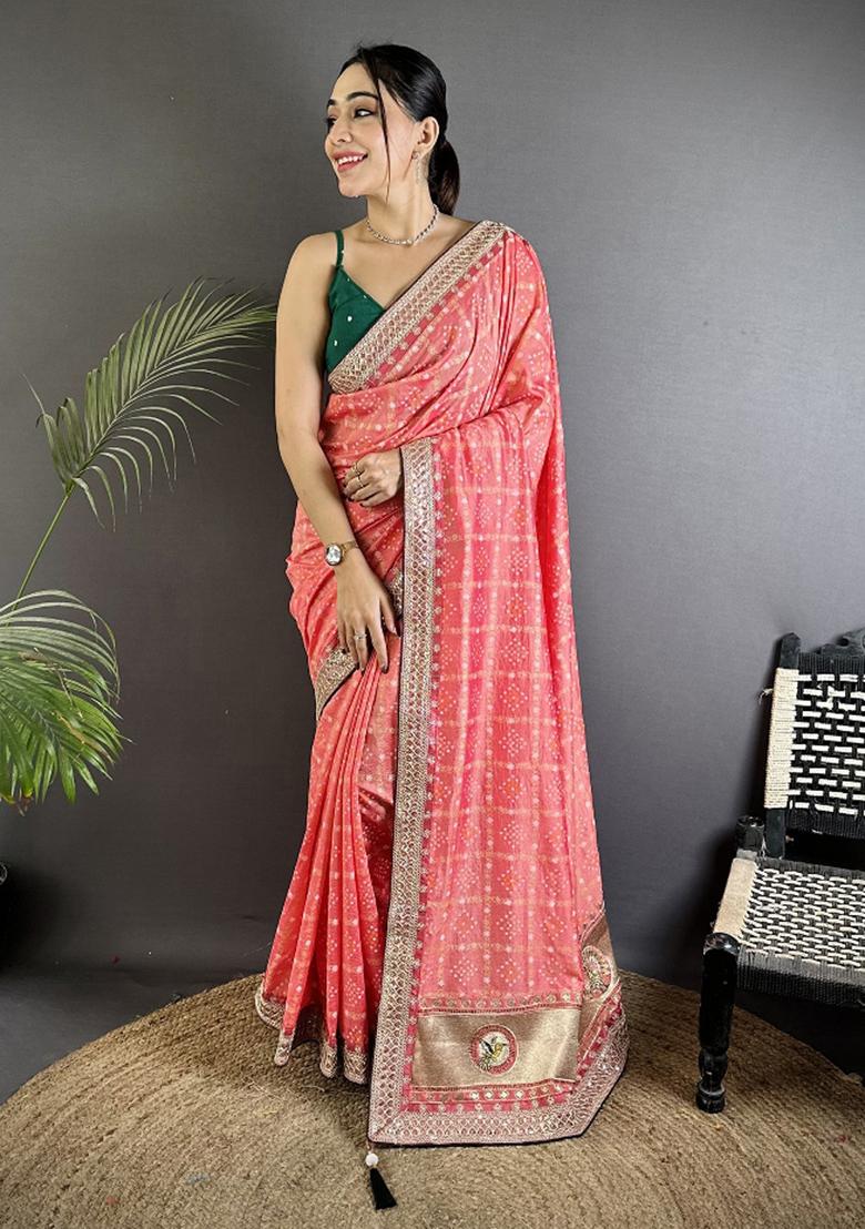 Baby Pink Printed Silk Saree Set - Indya