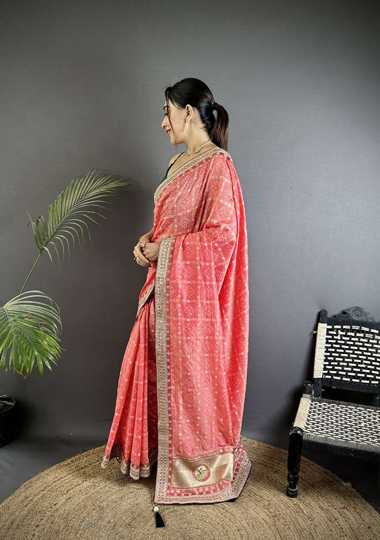 Baby Pink Printed Silk Blend Saree Set for Diwali and Festive Wear - Indya