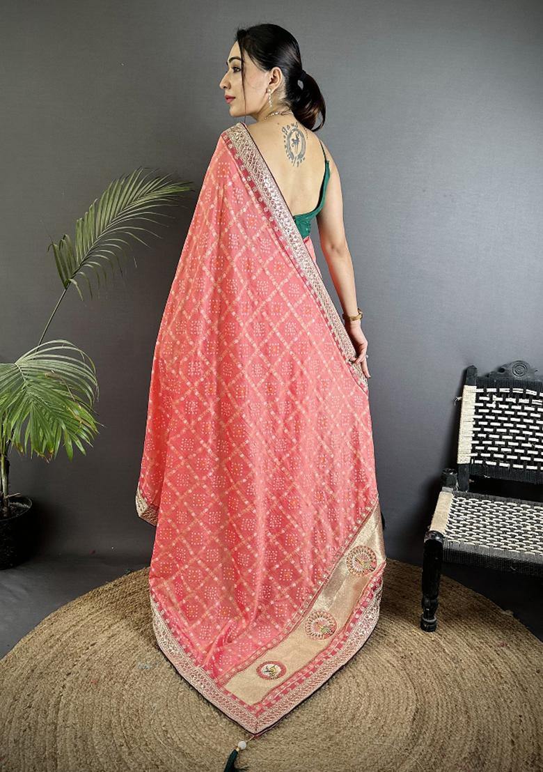 Baby Pink Printed Silk Saree Set - Indya