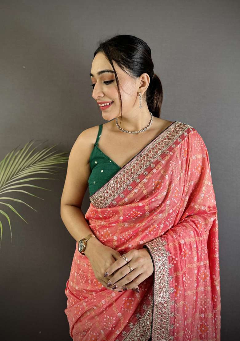 Baby Pink Printed Silk Blend Saree Set for Diwali and Festive Wear - Indya