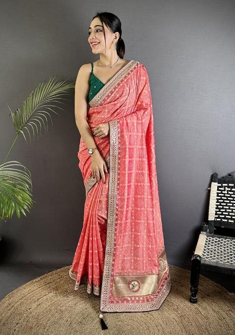 Baby Pink Printed Silk Saree Set