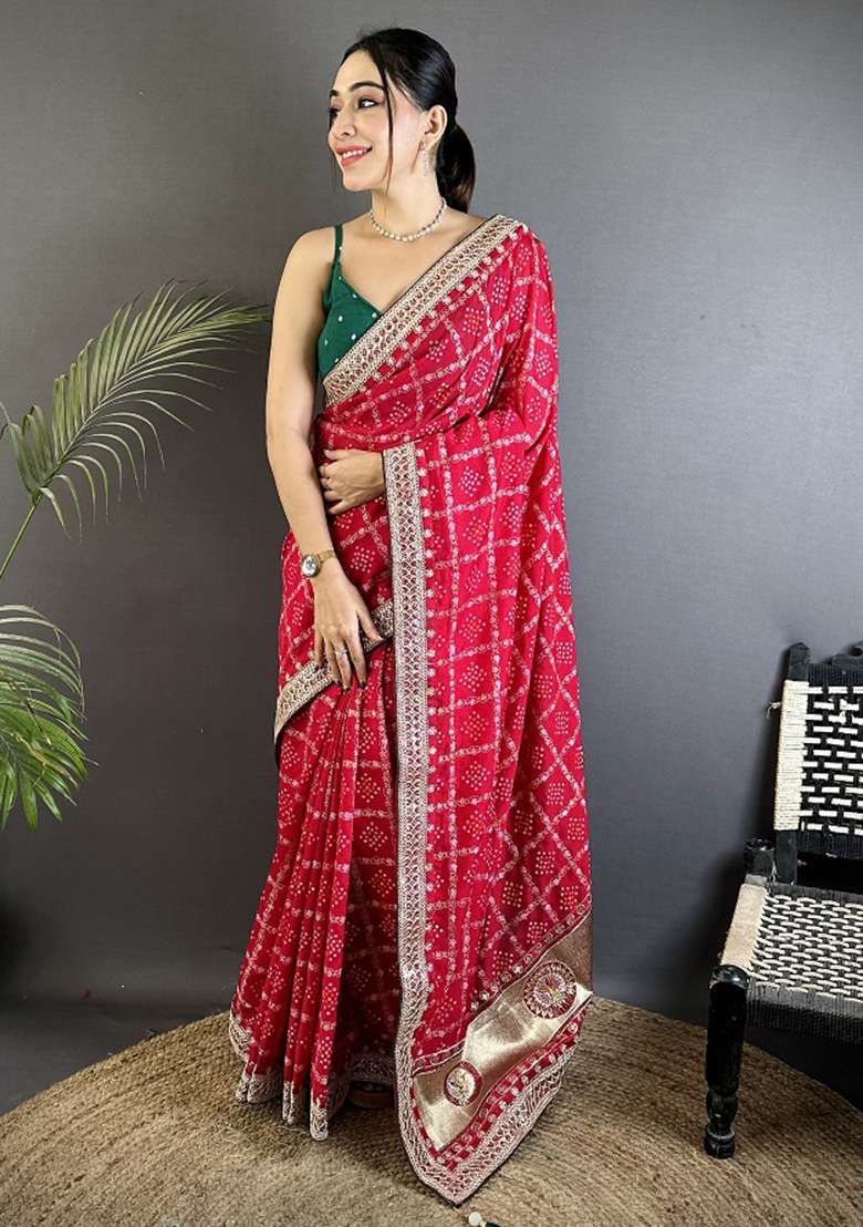 Hot Pink Silk Blend Saree Set with Printed for Diwali | Wedding & Festive Wear - Indya