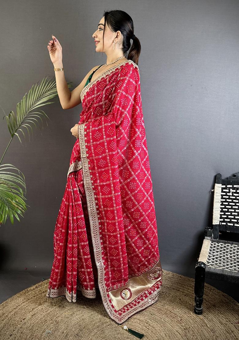 Hot Pink Printed Silk Saree Set - Indya