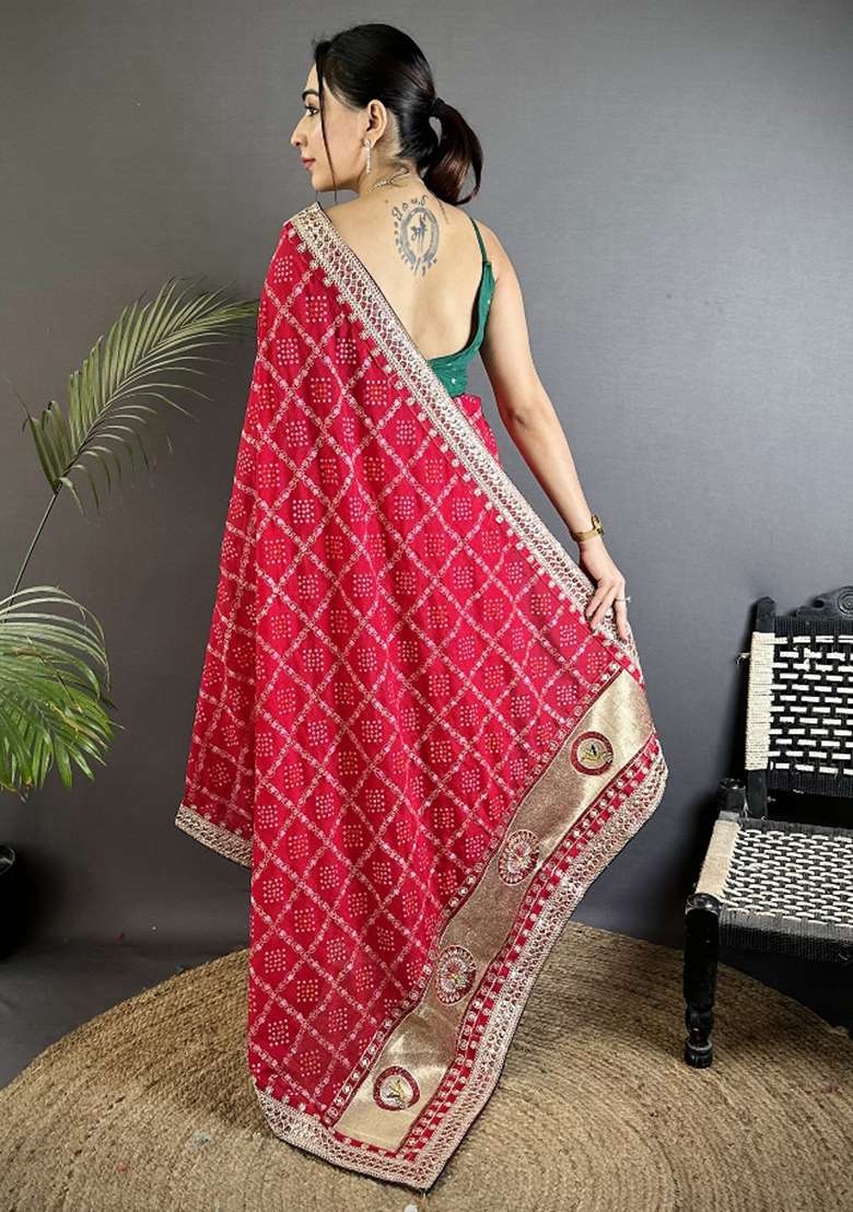 Hot Pink Silk Blend Saree Set with Printed for Diwali | Wedding & Festive Wear - Indya