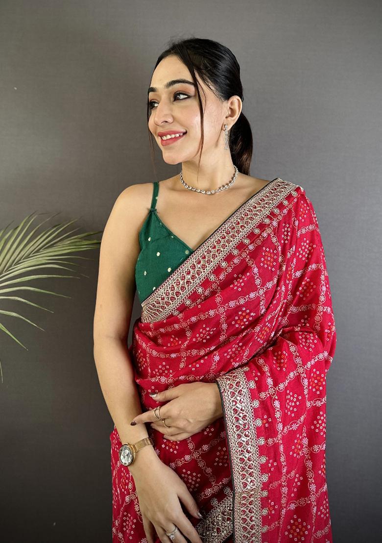 Hot Pink Printed Silk Saree Set - Indya