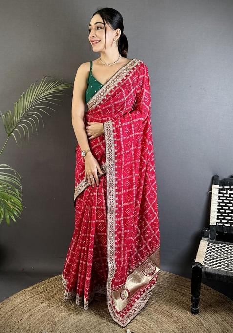 Hot Pink Printed Silk Saree Set