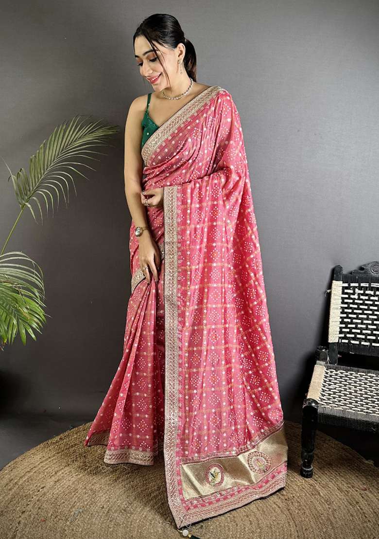 Dusty Pink Printed Silk Blend Saree Set for Diwali and Festive Wear - Indya