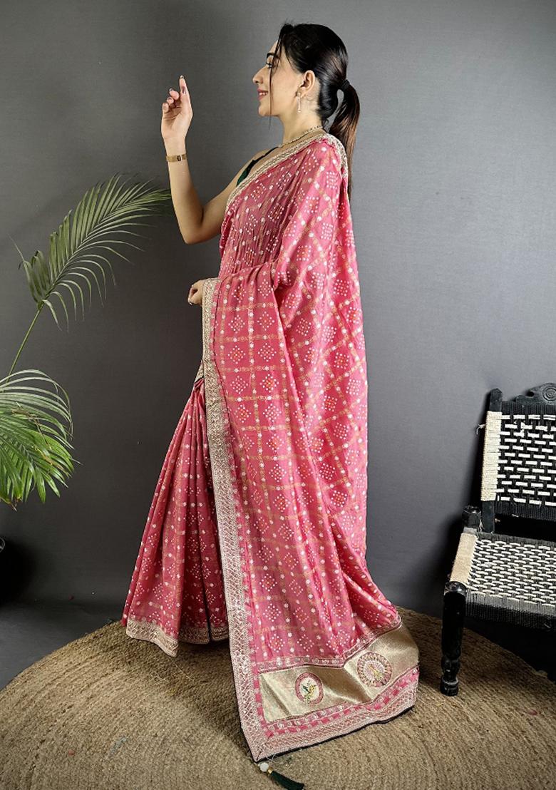 Dusty Pink Printed Silk Saree Set - Indya