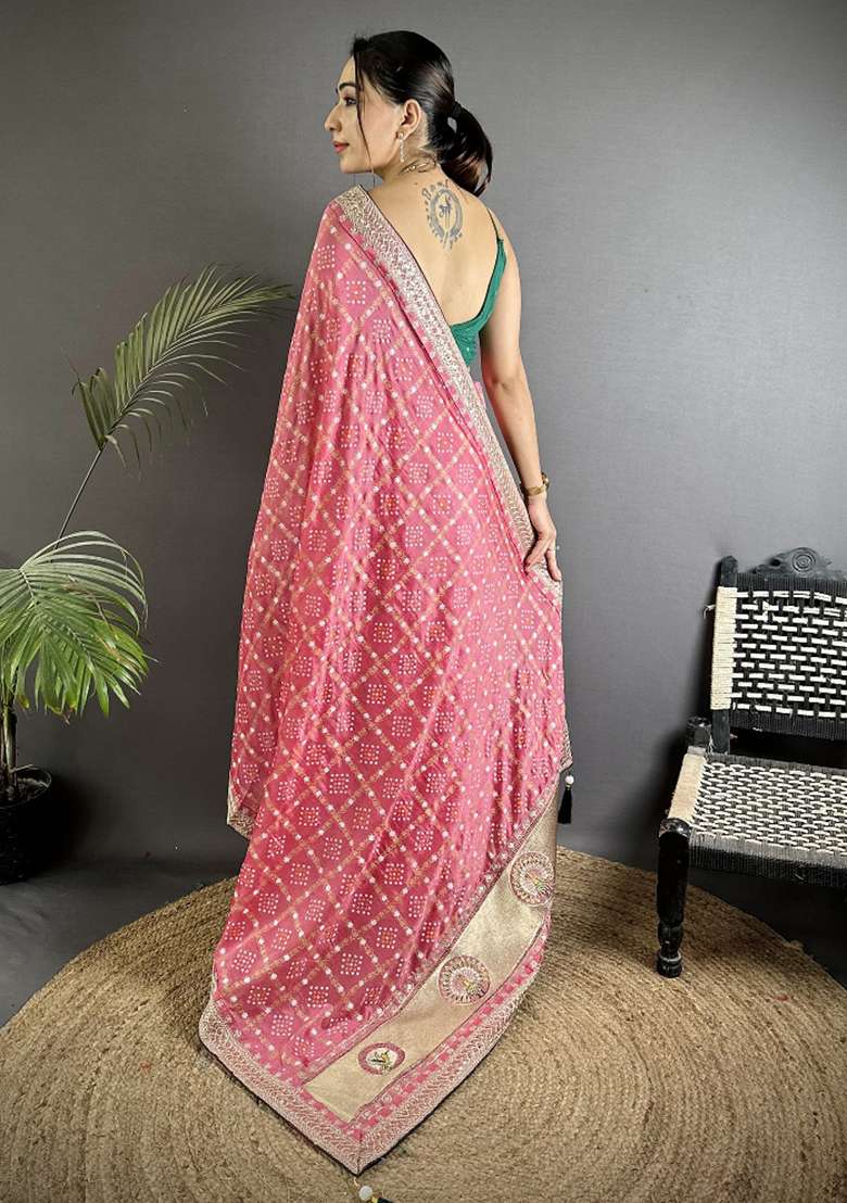 Dusty Pink Printed Silk Blend Saree Set for Diwali and Festive Wear - Indya