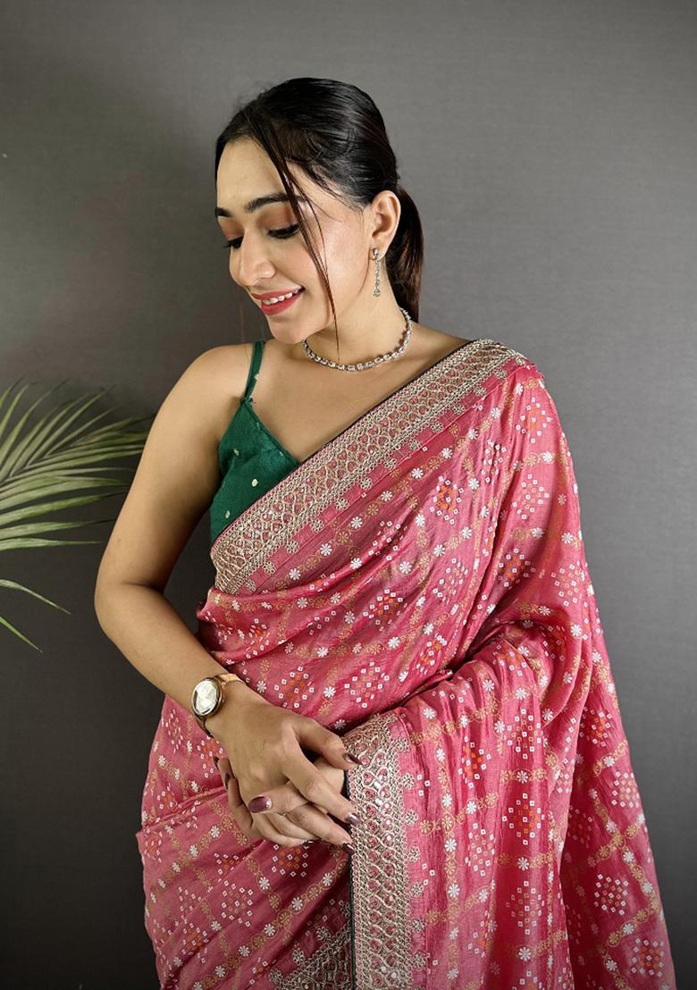 Dusty Pink Printed Silk Saree Set - Indya