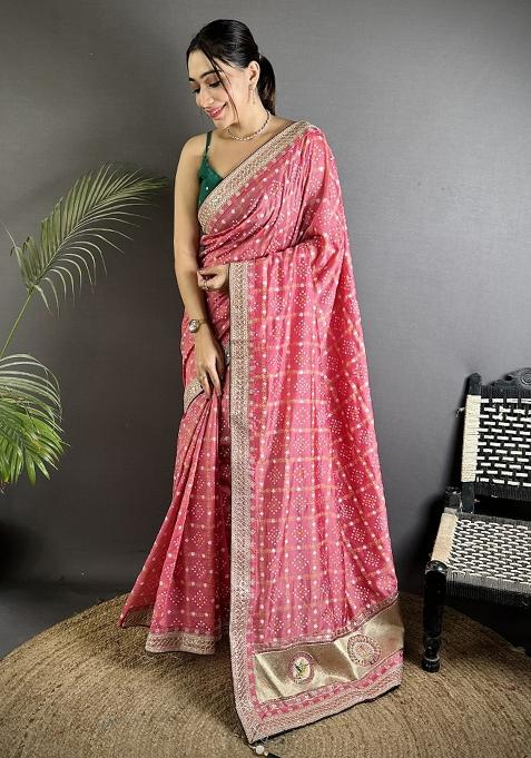 Dusty Pink Printed Silk Blend Saree Set