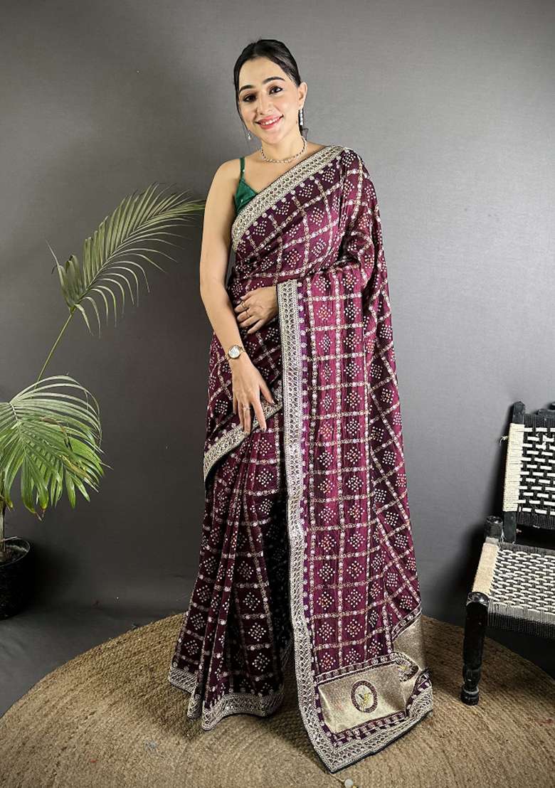 Wine Silk Blend Saree Set with Printed for Diwali | Wedding & Festive Wear - Indya